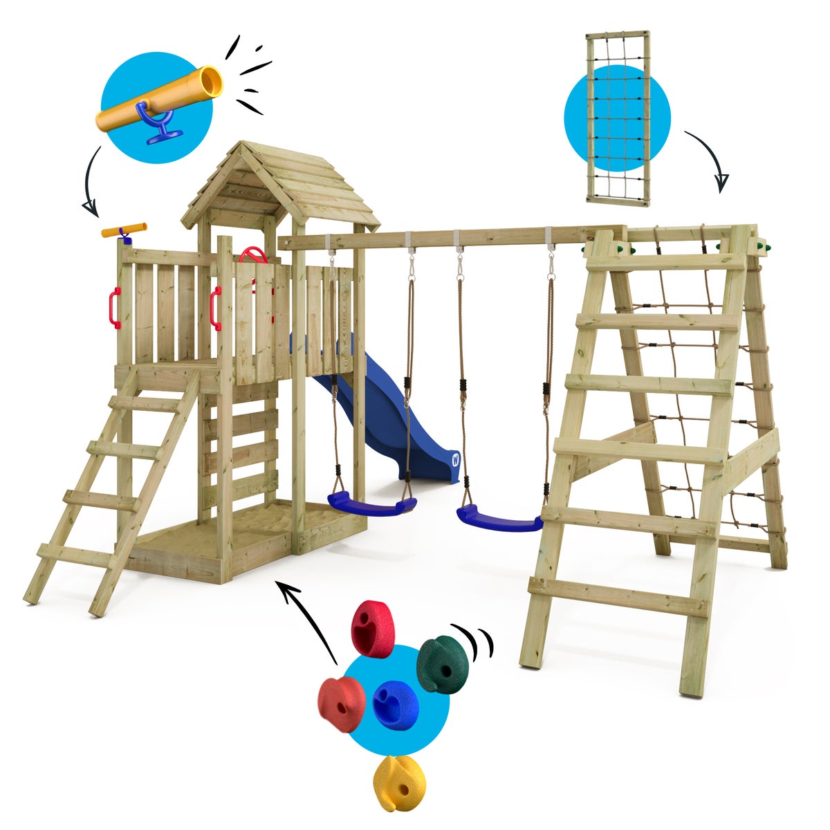 WICKEY RocketFlyer speeltoren klimtoestel met schommel en glijbaan, klimtoren met zandbak, klimuitbreiding en speelaccessoires - blauw
