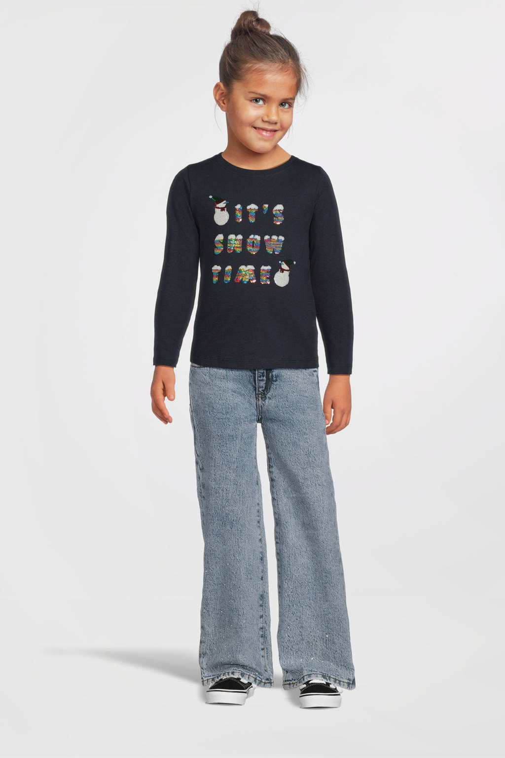 NAME IT kerstlongsleeve NKFPRIJUL met printopdruk en pailletten donkerblauw