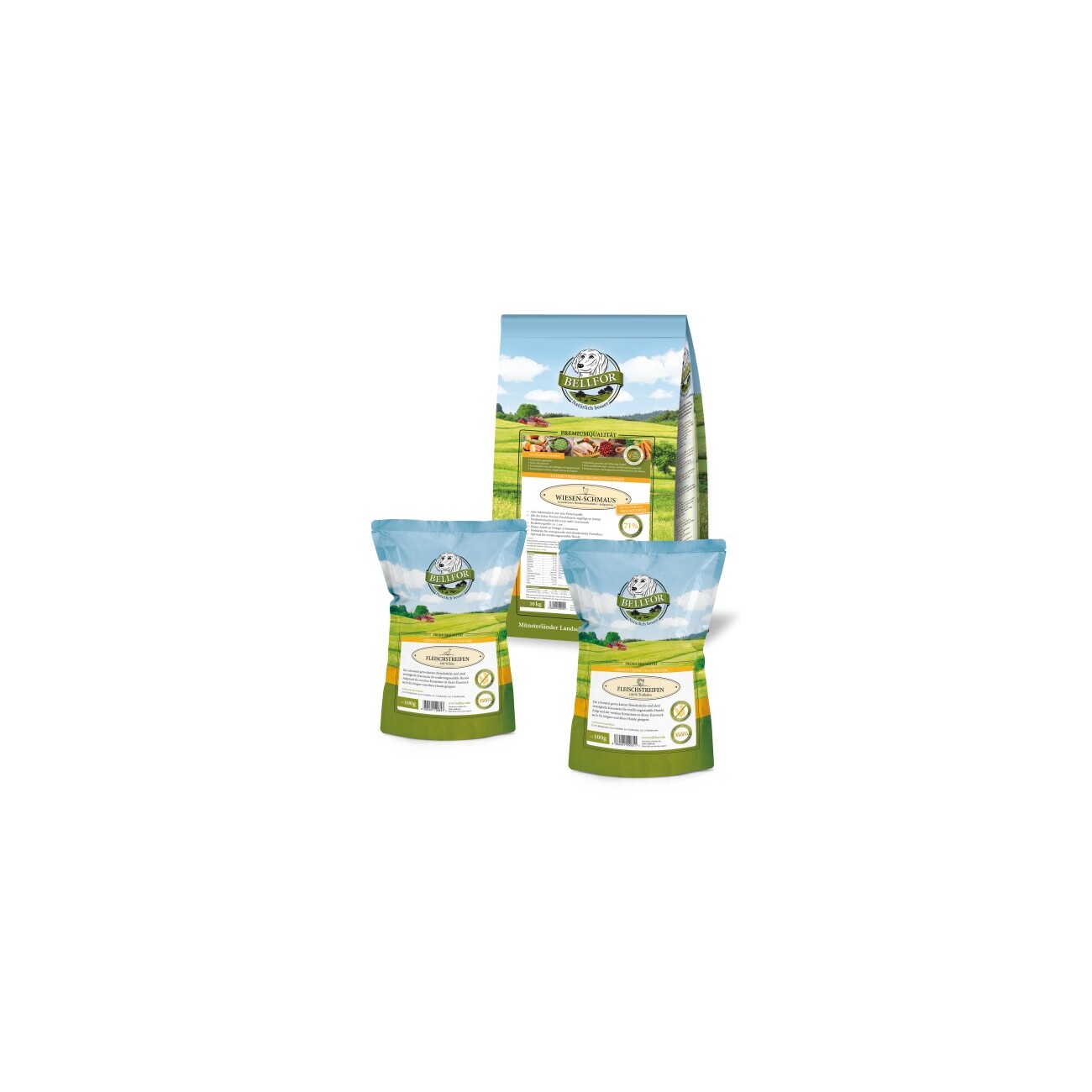 Bellfor Sparset Nr. 3 - Wiesen-Schmaus 10kg + Fleischstreifen Truthahn 100g + Fleischstreifen Ente 100g