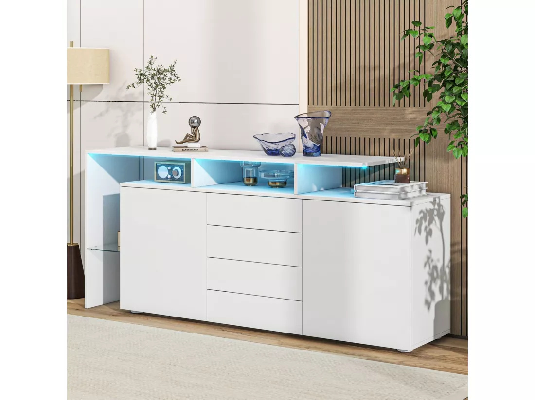 Buffet 2 portes 4 tiroirs et 1 étagère de verre, Meuble TV 160cm, avec LED, Panneau de particule, Blanc, 160x35x70cm