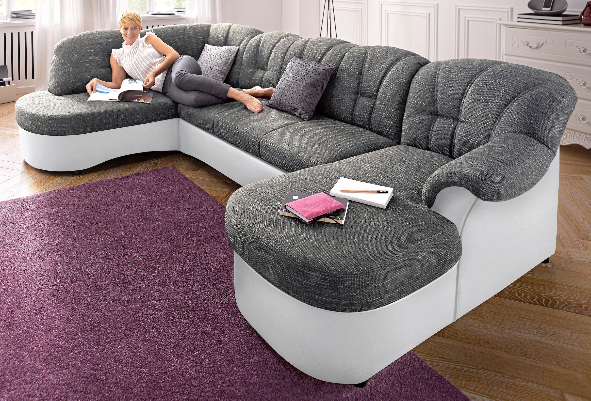 DOMO collection Wohnlandschaft »Flores auch in Leder-Bezug, B/T/H: 293/180/86 cm,  U-Form« wahlweise mit Bettfunktion, wahlweise mit Federkern