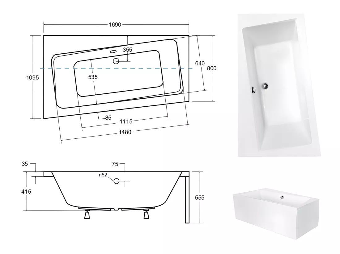 Baignoire asymétrique + tablier blanc + repose tête - INFINITY - 170 x 110 cm - Gauche