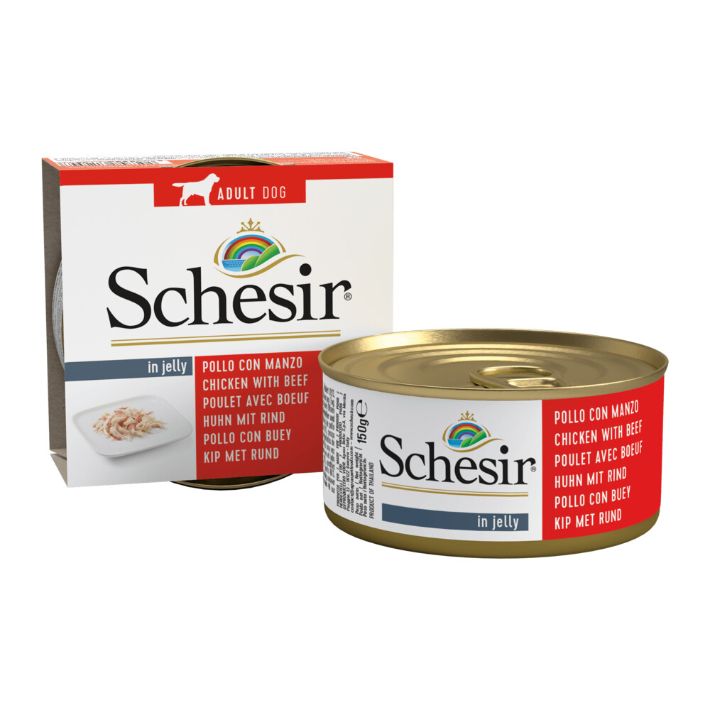 10x Schesir Hondenvoer Kipfilet en Rundvlees in Gelei150 gr