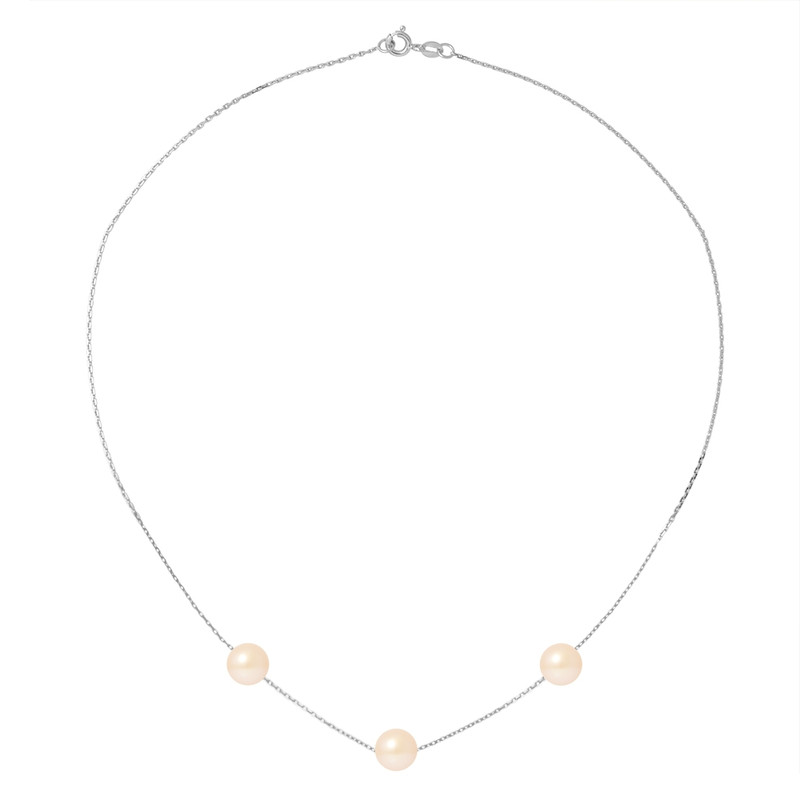 Collier Ras du Cou Femme Chaine Forcat Or Blanc 750/1000 et 3 Perles de Culture Roses