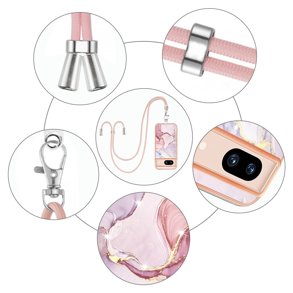 Google Pixel 8a Gummi Case Hülle Galvanisierter Rahmen   Necklace Handykette mit Einlage - Rosa / Roségold
