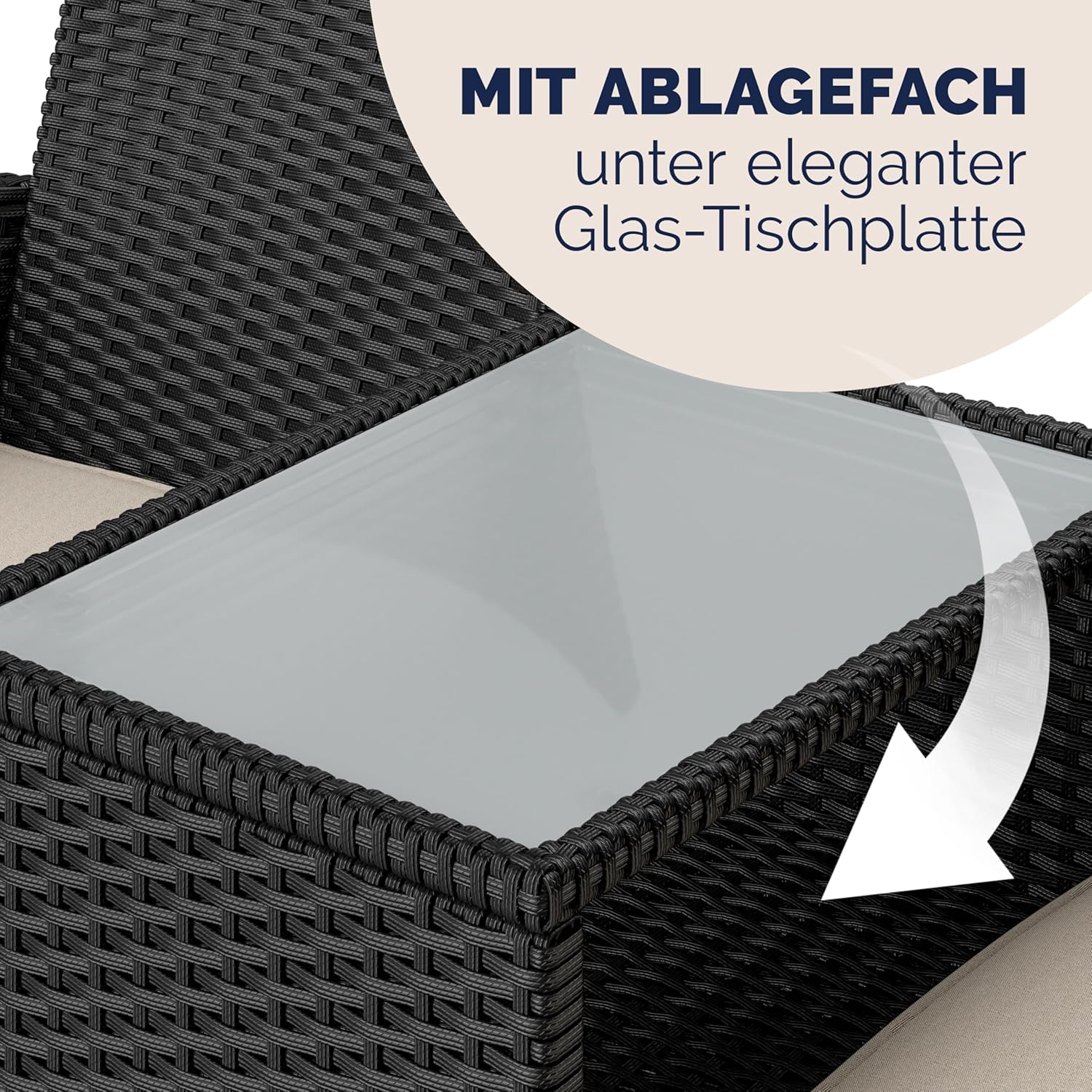 Casaria® Gartenbank Sitzbank inkl. Auflagen Wetterfest Polyrattan 320kg Belastbar Tisch Ablage UV-beständig Garten Balkon Bank 2-Sitzer 143x55cm Schwarz