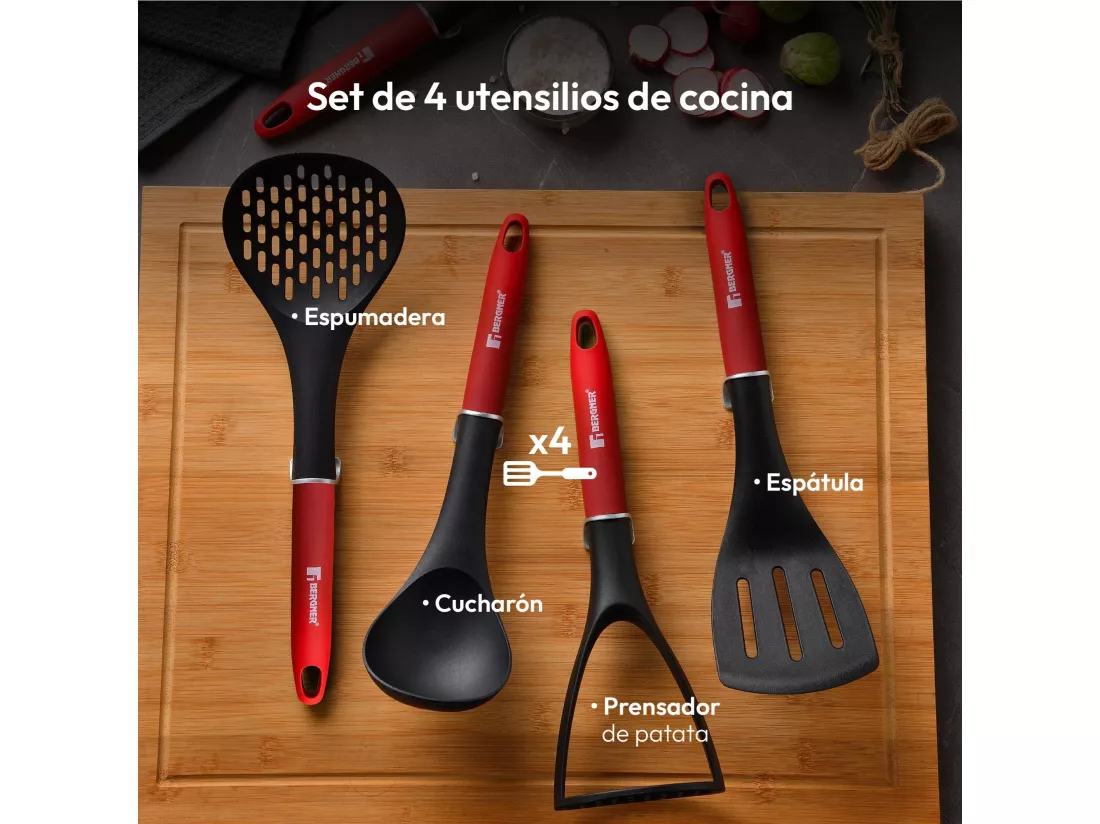 Lot de 2 poêles CLASSIQUE Ø20Ø26cm antiadhésives en aluminium forgé + ustensiles de cuisine Bergner rouge