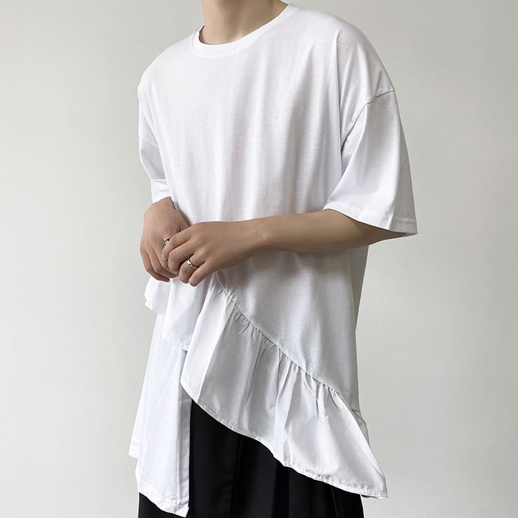 Bjorn - T-shirt met korte mouwen, ronde hals, effen ruches en asymmetrische print