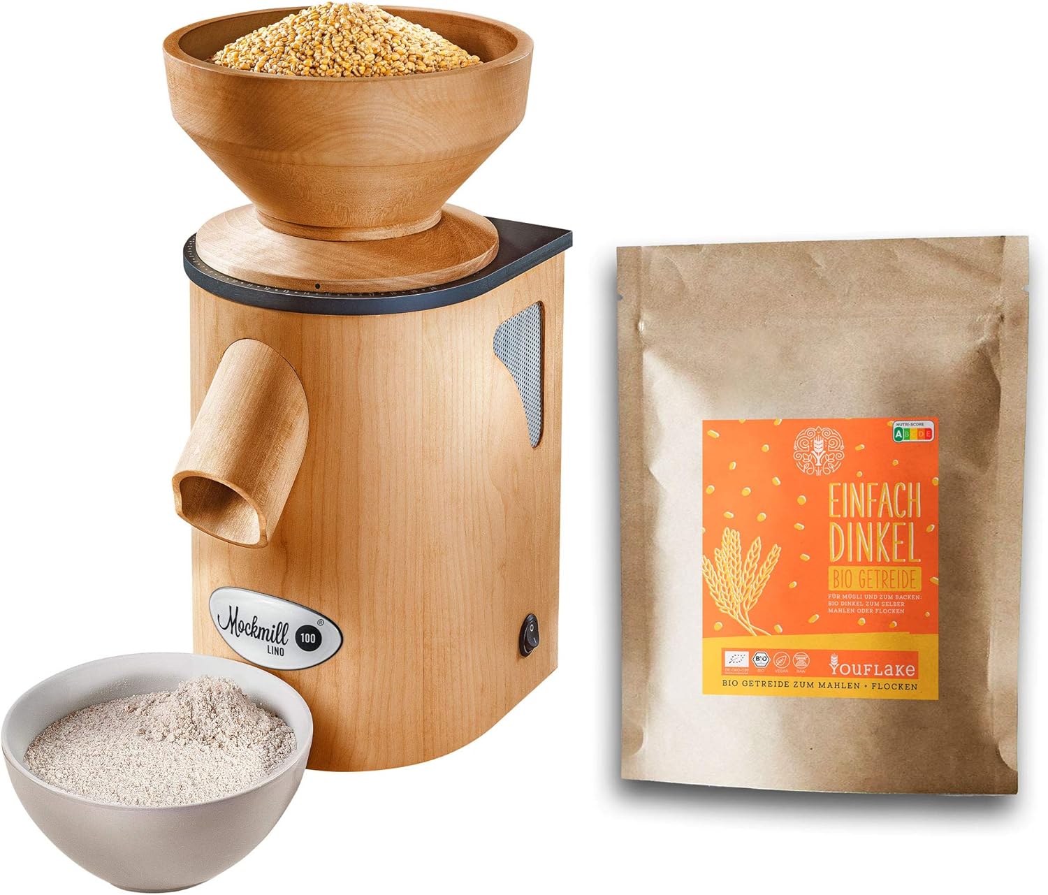Getreidemühle Mockmill Lino 100 | Made in Germany | Edelkorund und Keramik Mahlstein | frisches Mehl | (Lino 100 + 2,5 kg Bio Dinkel)