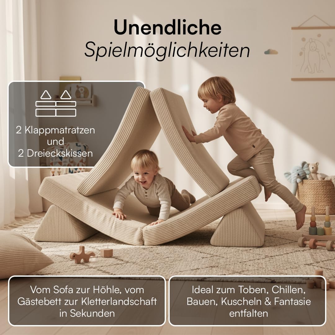 Bellabino Nile Spielsofa für Kinder – Kindersofa Cord in Beige – Spielesofa aus Schaumstoff Bausteine – modulare Kindercouch ausklappbar – Spielcouch waschbarer Bezug – Sofa Kinderzimmer Kuschelecke