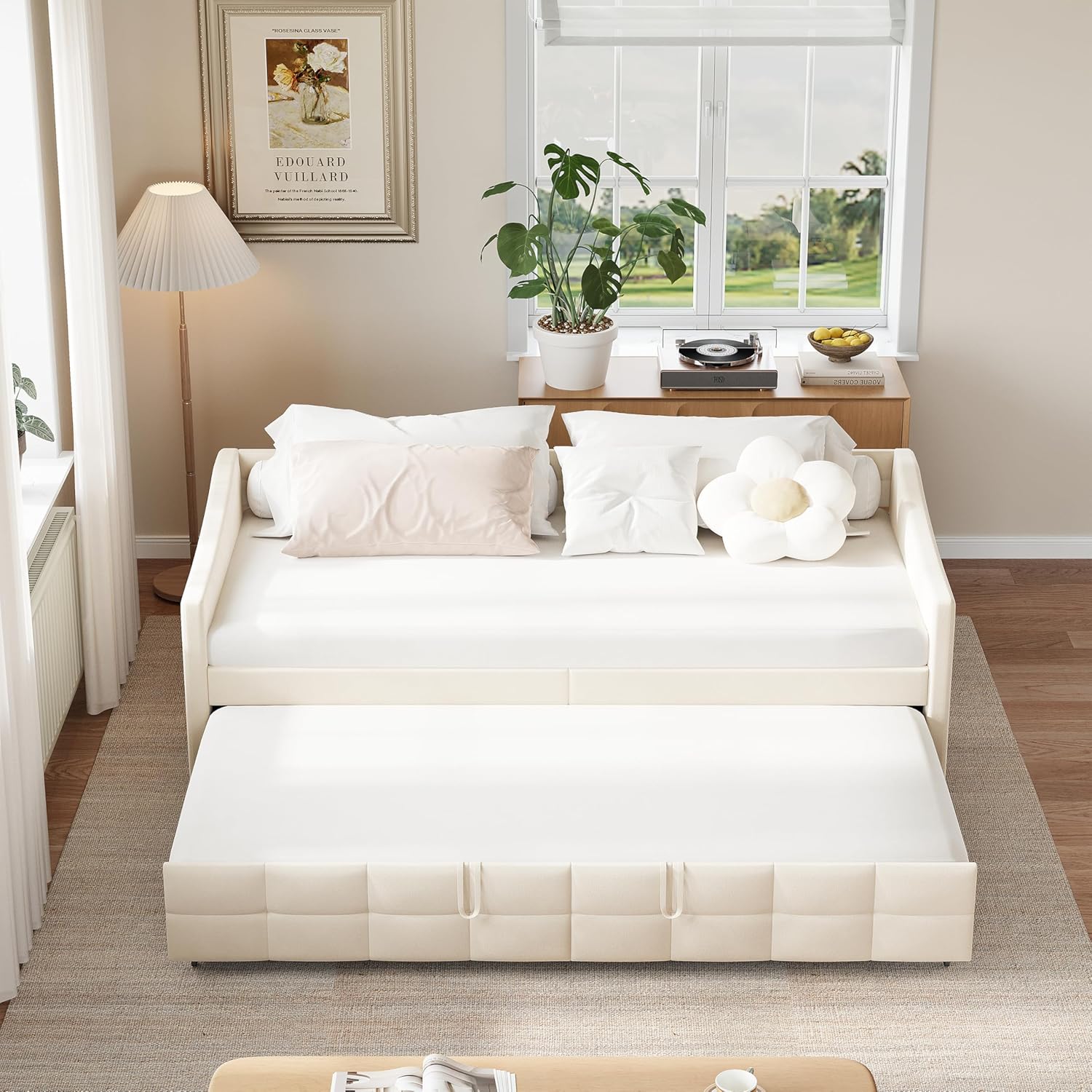 Ausziehbares Schlafsofa aus Samt mit Seitentaschen, modernes 2-Sitzer-Sofa, Space Saving (Crema, 90/180 x 200 cm)