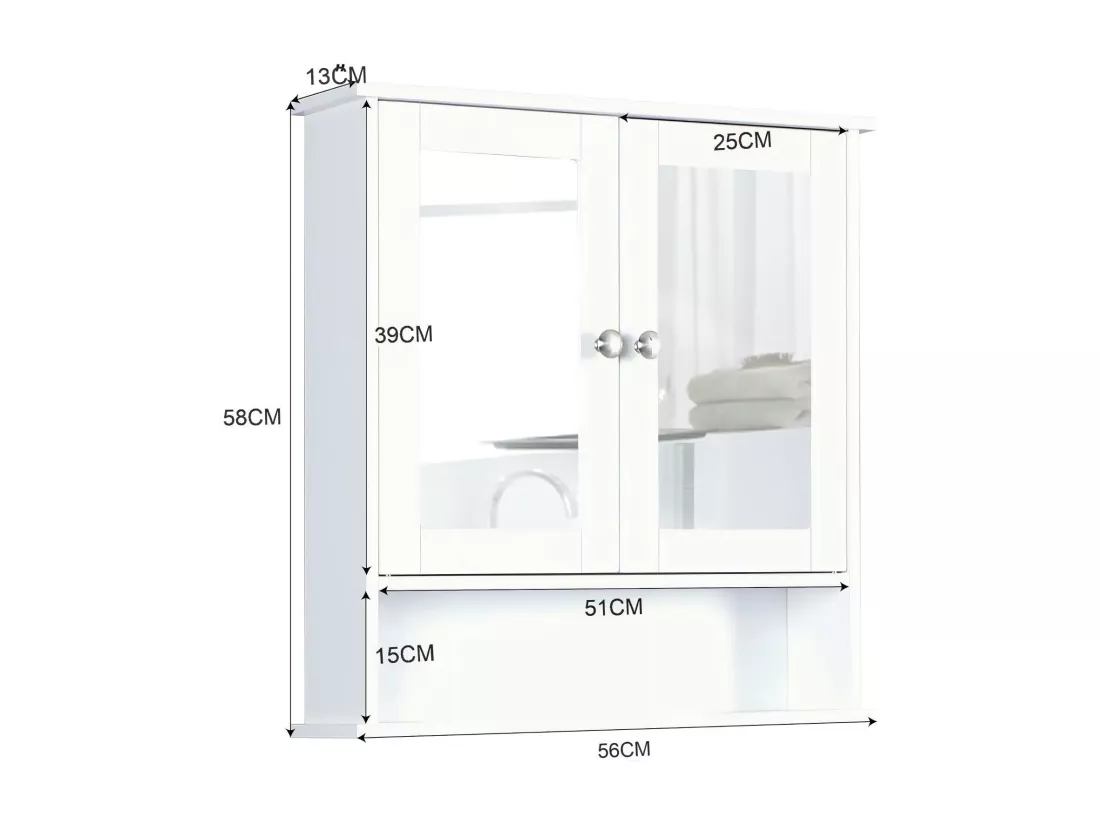 Armoire murale de salle de bain, avec miroir et niche, 2 Portes-miroir et Compartiment Ouvert, Étagère Réglable, 56x13x58cm