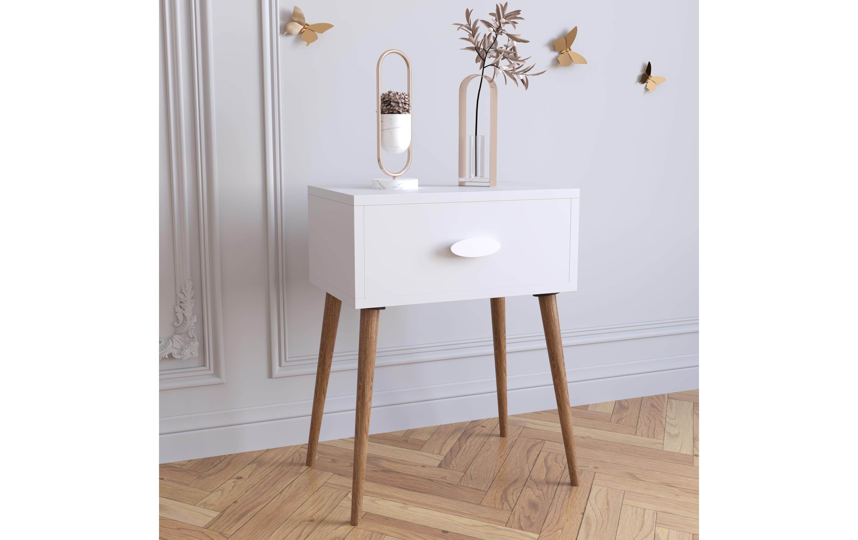 Nachttisch Singol L 44.5 x 60 cm, WeissNachtschrank im Retro-Design