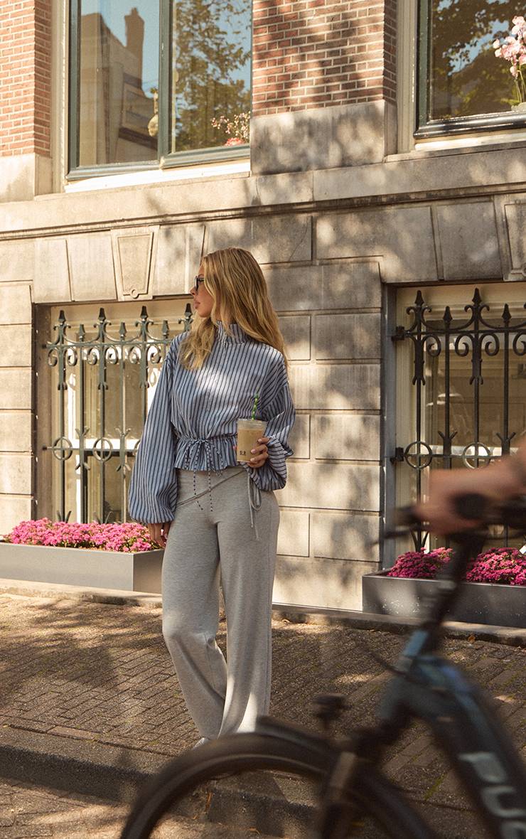 Gris Chiné Pantalon Droit En Jersey À Nouer À La Taille