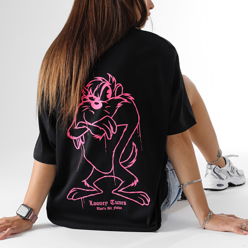 Tee Shirt Oversize Large Femme Angry Taz Noir Rose Fluo