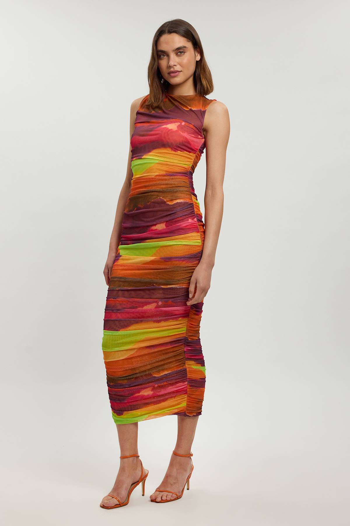 KarenMillen Robe Longue En Jersey Avec Mesh Imprimé Marbré Et Fronces