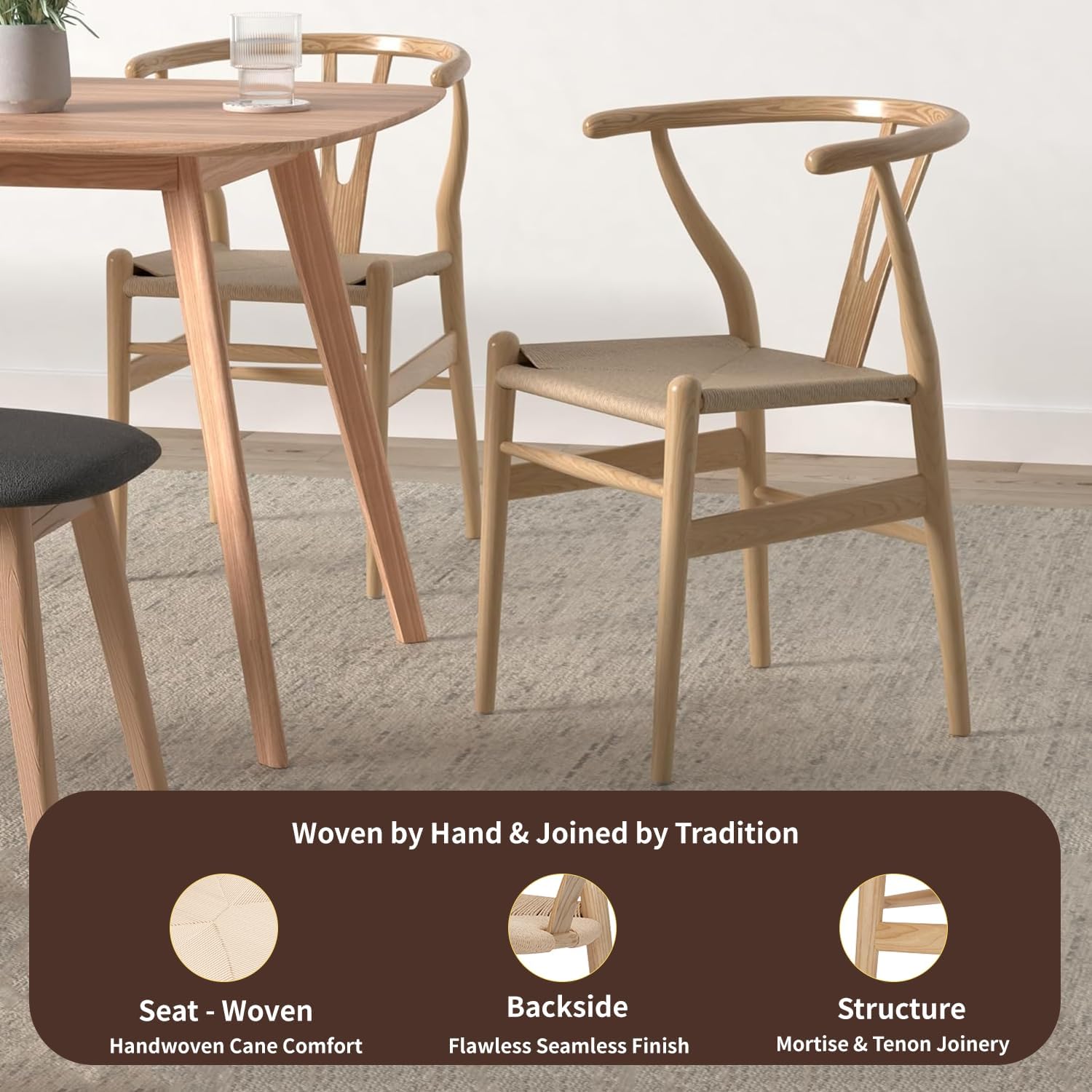 Tomile Wishbone-Stuhl,Y-Stuhl, Massivholz, Esszimmerstuhl mit Rattan, natürlich, Eschenholz, natürliche Holzfarbe