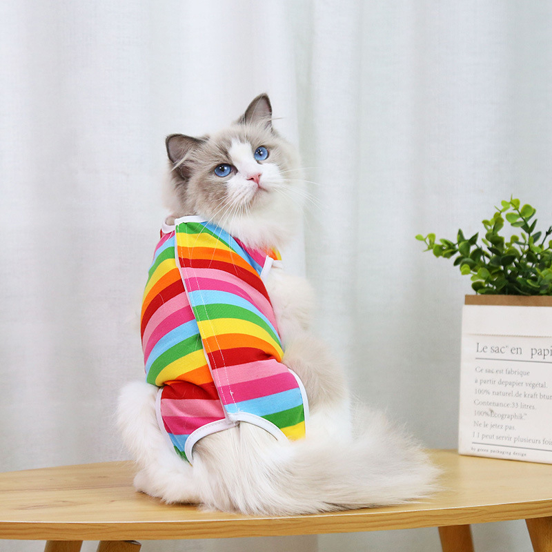 (Gr. S) Stoff Kastrations Body Haustier Schutz Kleidung OP Bauchwunden Leckschutz für Hunde / Katzen - Regenbogen