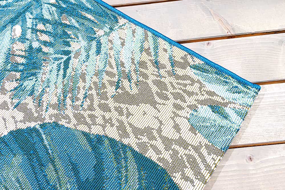 In- und Outdoor Teppich LEAF 175x120cm türkis weiß Blätter-Design Läufer wetterfest