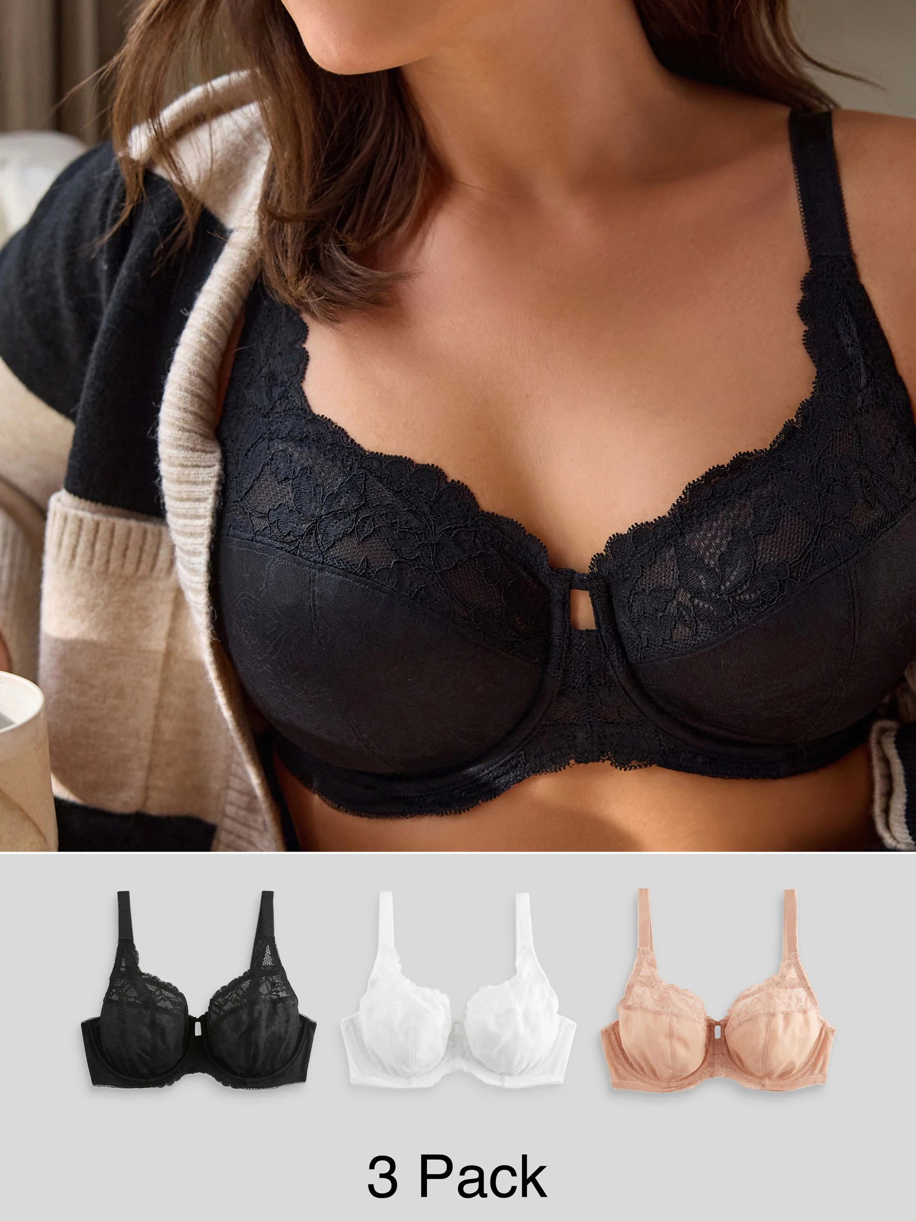 Zwart/wit/praline huidskleur - DD+ Beha's met volledige cups zonder vulling, set van 3 met kantversiering