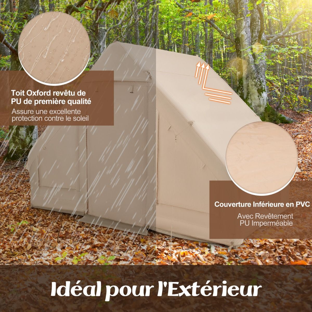 Tente de Camping Gonflable 6 m² pour 4-6 Personnes Tente en Coton Coupe-vent et Imperméable avec Pompe 7 Fenêtres à Moustiquaire Beige - Lidl-Manfred