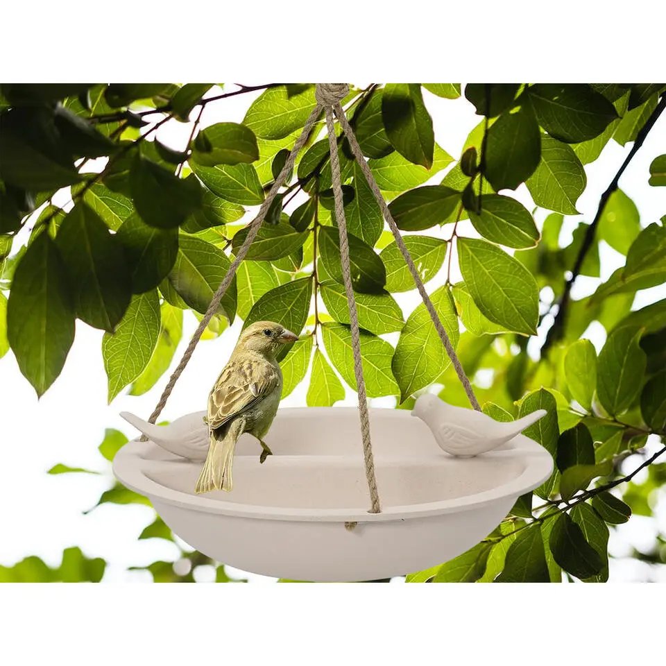 Decoris Vogelbad - bamboe hout - creme wit - drinkschaal - 27 cm