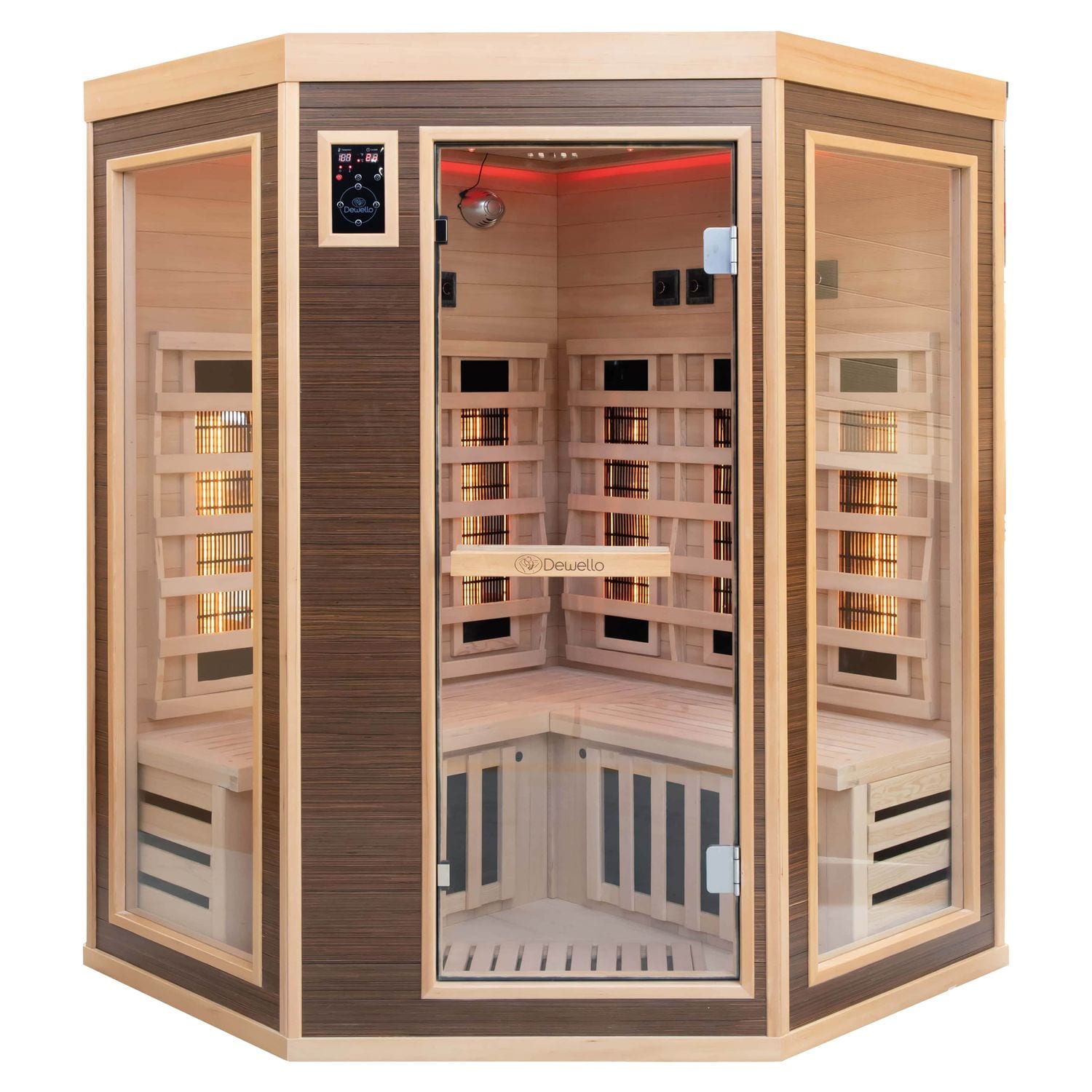 Dewello® Infrarotkabine Infrarotsauna MONTREAL 140cm x 140cm inkl. 6 Vollspektrumstrahler, 3 Karbonstrahler, Farblicht