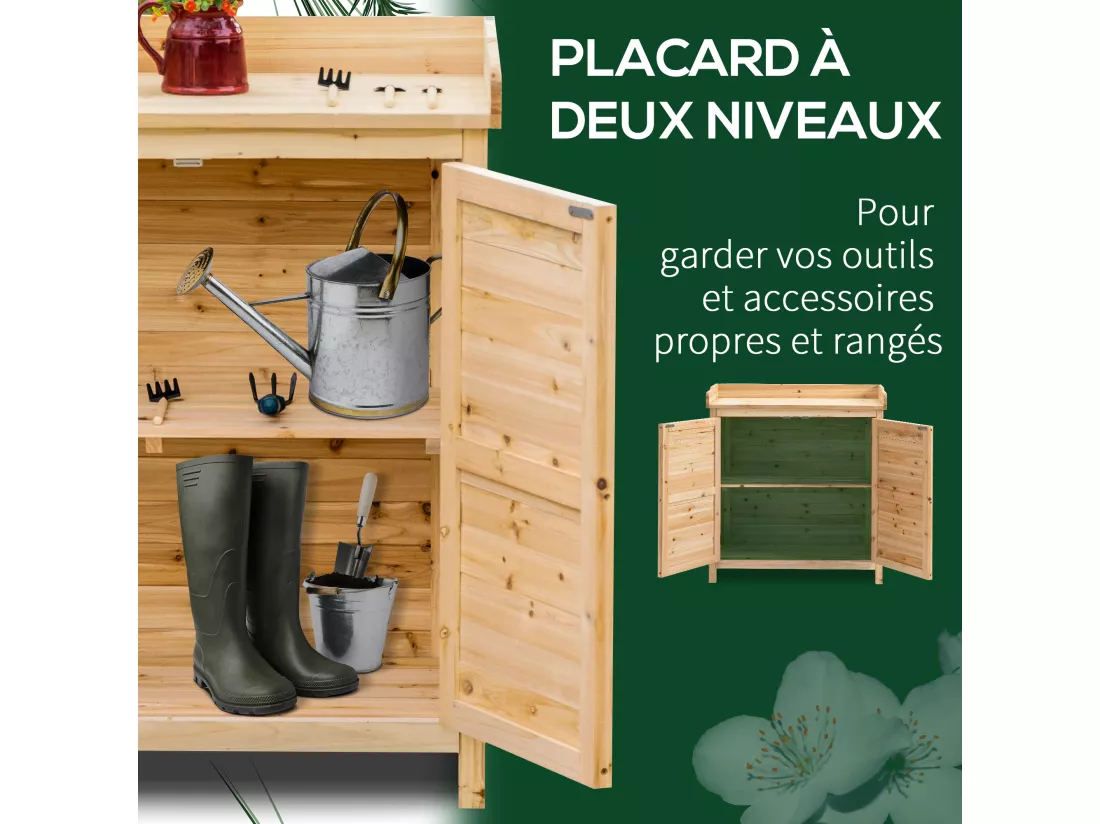 Armoire de jardin sur pied avec plateau - double porte, étagère - bois de sapin pré-huilé