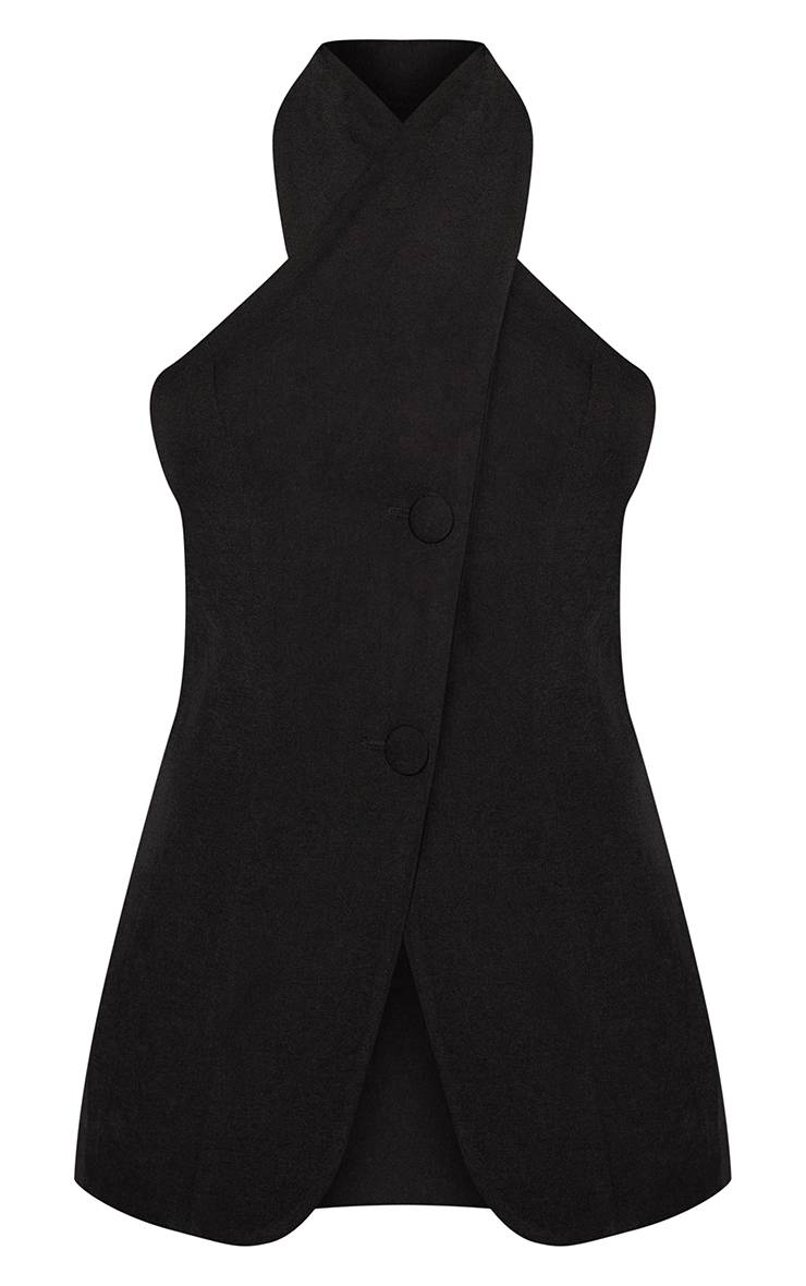 Noir Gilet Sans Manches Col Licou Torsadé Avec Détails Boutonnés