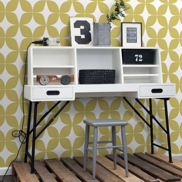 Estahome Grafisch Motief IV - 0,53 x 10,05 m - Okergeel / Wit