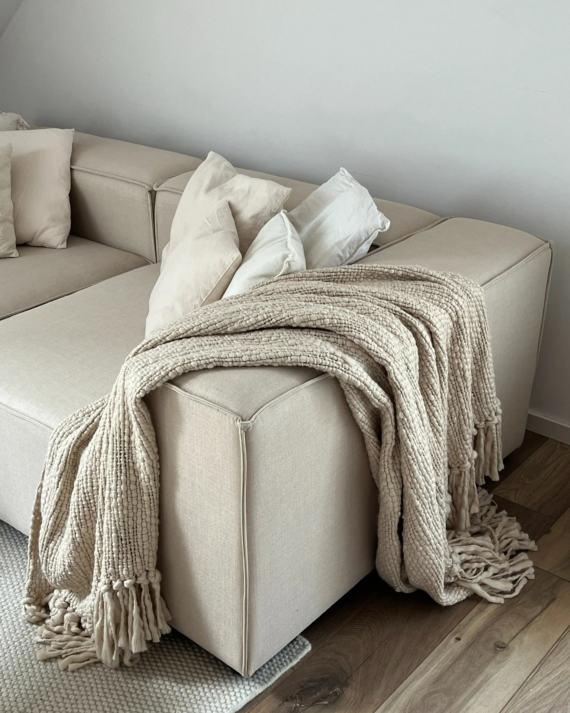 Modulaire hoekbank 3-zits APRICA Kunstlinnen Beige met ottomaan rechtszijdig