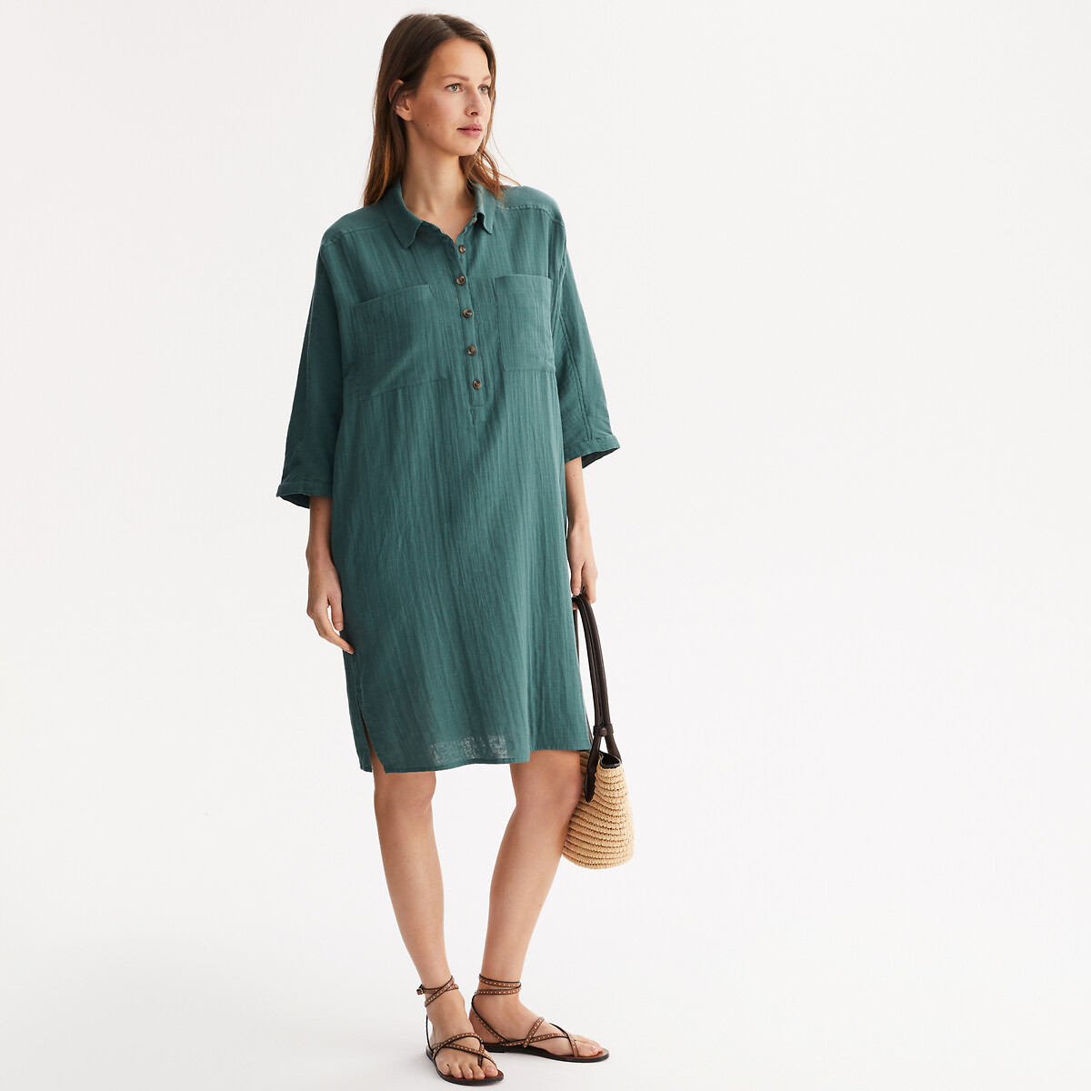 ANNE WEYBURN<br>Vestido reto, na altura do joelho, em algodão
