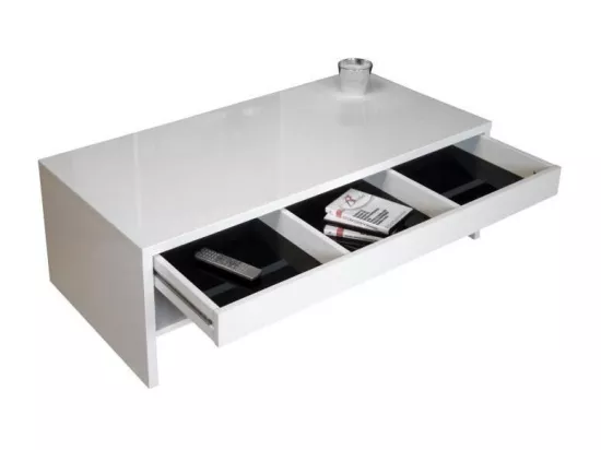 Table basse TRIGO blanc - 1 tiroir avec compartiments - 118 x 58 x 39 cm