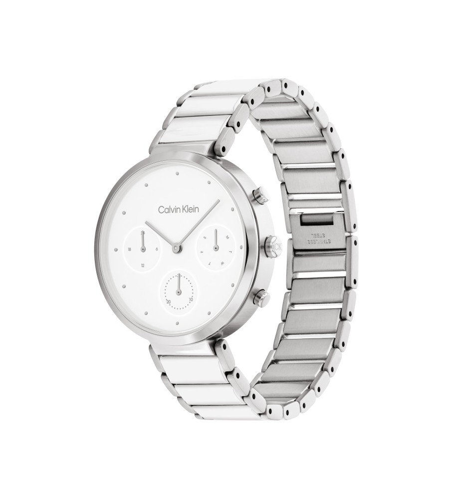 Relógio analógico minimalista com fecho em T da Calvin Klein, branco.