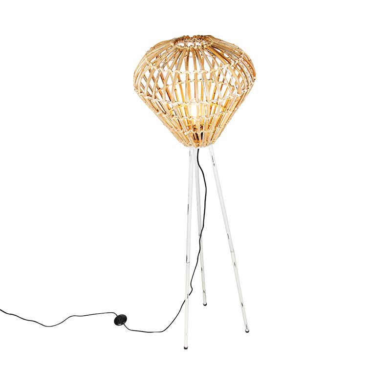 Landelijke vloerlamp tripod bamboe met wit - Canna Diamond
