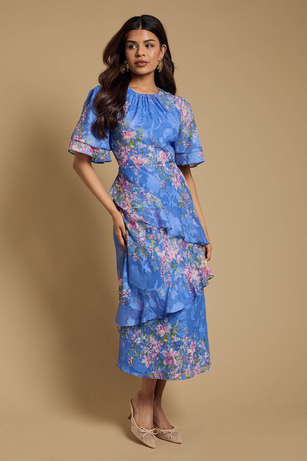 Oasis Robe Midi Satinée à Double Volant et Motif Dévoré
