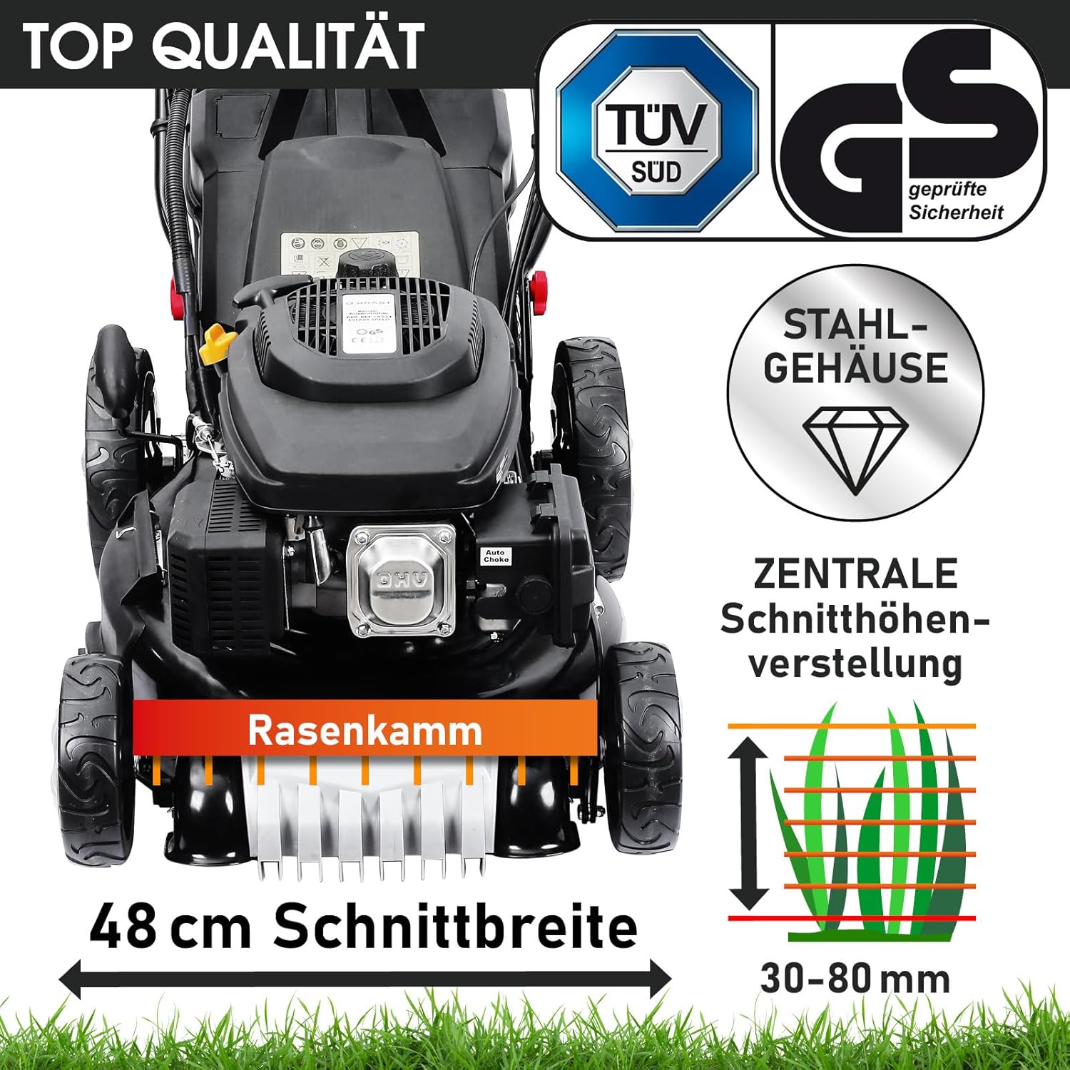BRAST Benzin Rasenmäher mit Antrieb | 5,2kW(7PS) | Elektrostart | 48cm Schnittbreite | viele Modelle | TÜV | 4 Takt OHV Motor | 30-80mm Schnitthöhe | 60L Fangkorb | Stahlgehäuse | 19224 ESTART