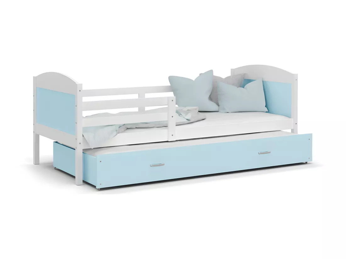 Lit Gigogne Mateo 90x190 Blanc - bleu Livré avec sommiers, tiroir et matelas en mousse de 7cm