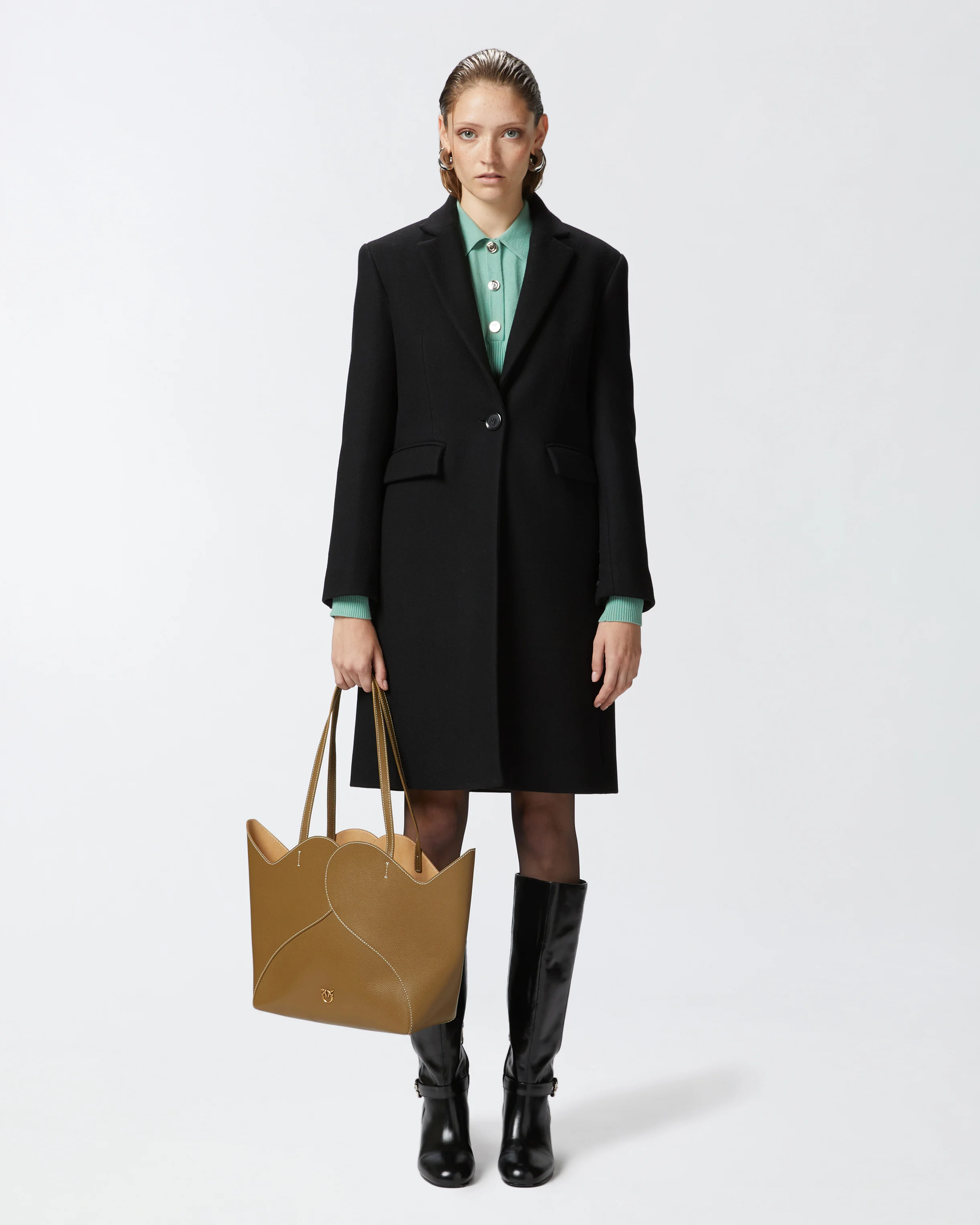 Manteau droit en drap de mélangée | Noir