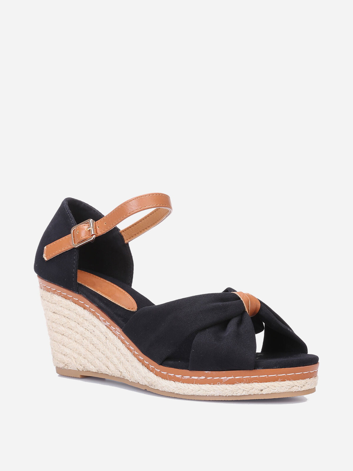 Sandales compensées en tissu à noeud- Noir