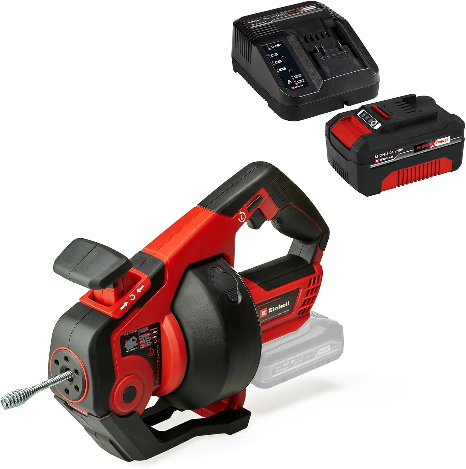 Einhell Akku-Rohrreiniger TE-DA 18/760 Li Kit Power X-Change (18 V, Li-Ion, 7,6 m lange Reinigungsspirale, geeignet für Rohrdurchmesser 16 - 55 mm, inkl. 4 Ah Akku und Ladegerät)