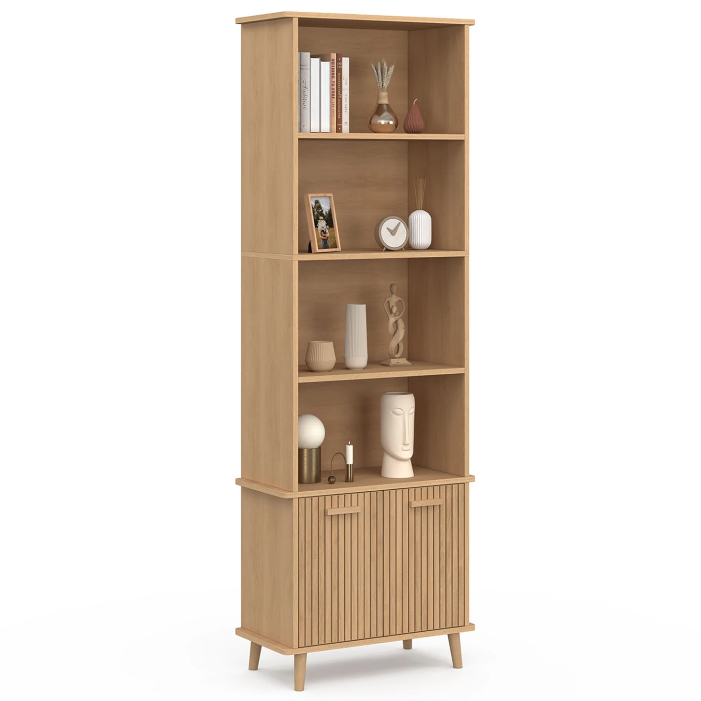 Etagère bibliothèque 4 niveaux avec placard JULIETTE lattes tasseau bois coloris chêne