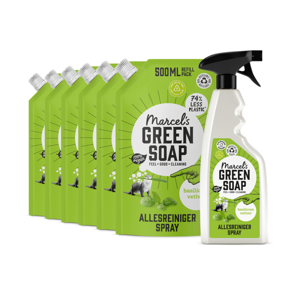 Marcel's Green Soap Allesreiniger Spray Basilicum & Vertivert Gras + 6 Navullingen Pakket