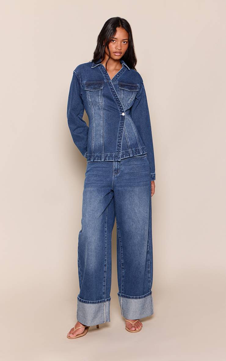 Bleu Foncé Chemise En Jean À Boutonnage Asymétrique