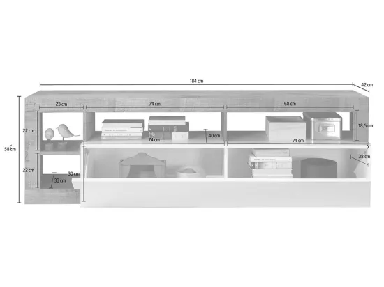 Meuble TV SEFRO - 1 porte et 4 niches - Blanc laqué et chêne