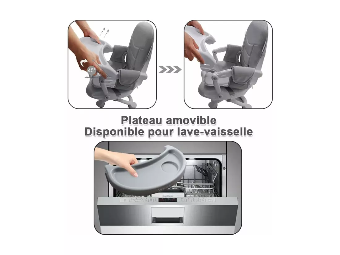YOLEO Réhausseur Chaise Enfant Pliable,Chaise Haute Bébé Portable,Bébé Chaise repas en Hauteur Réglable,Plateau Amovible,6 mois à 3 ans,Gris avec Coussin