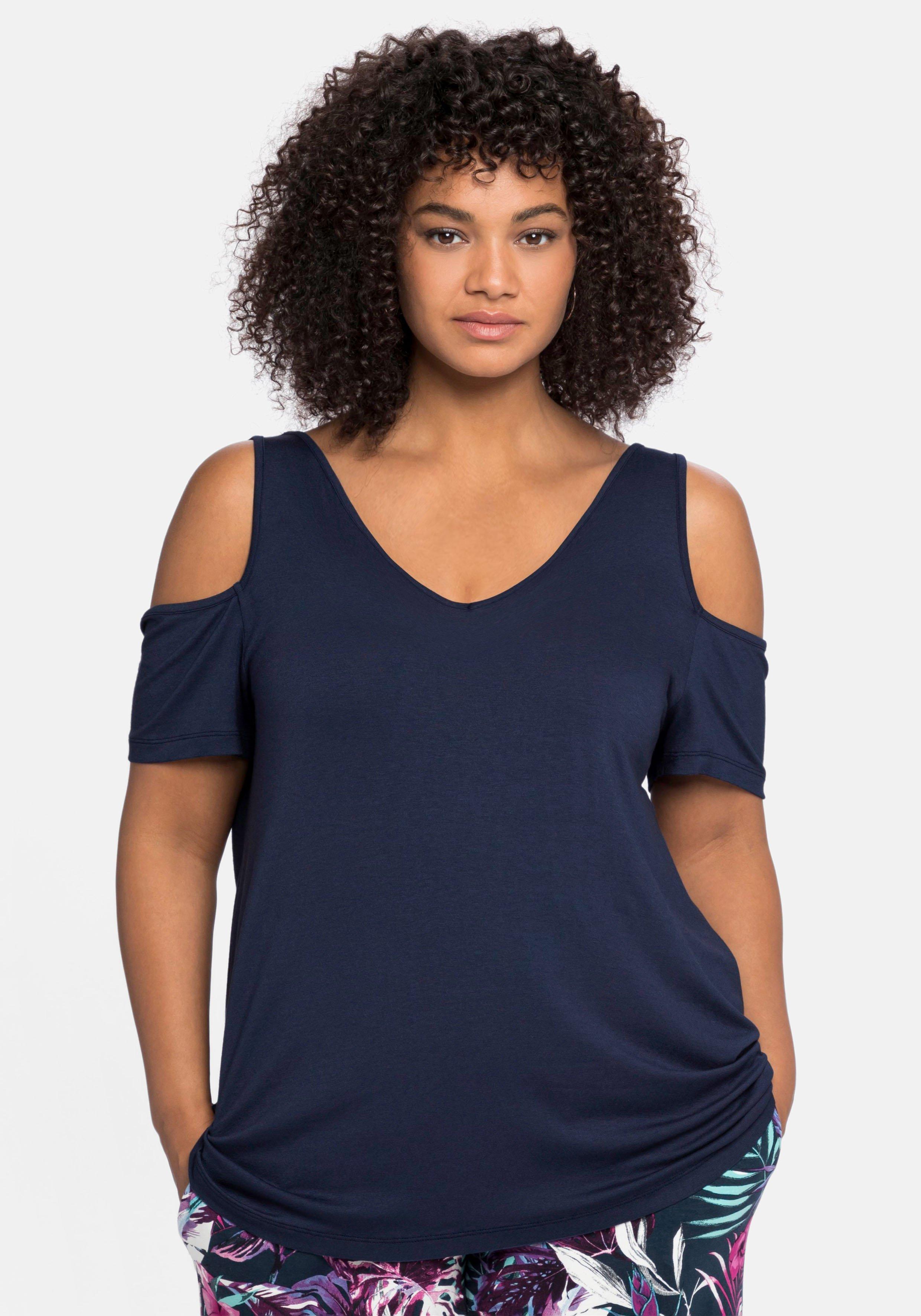 Jerseyhirt mit V-Ausschnitt, im schulterfreien Look