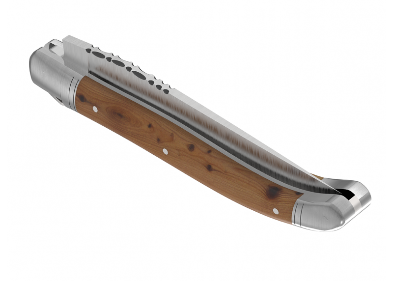 Couteau Laguiole avec un manche en bois de genévrier et 2 mitres en acier inoxydable