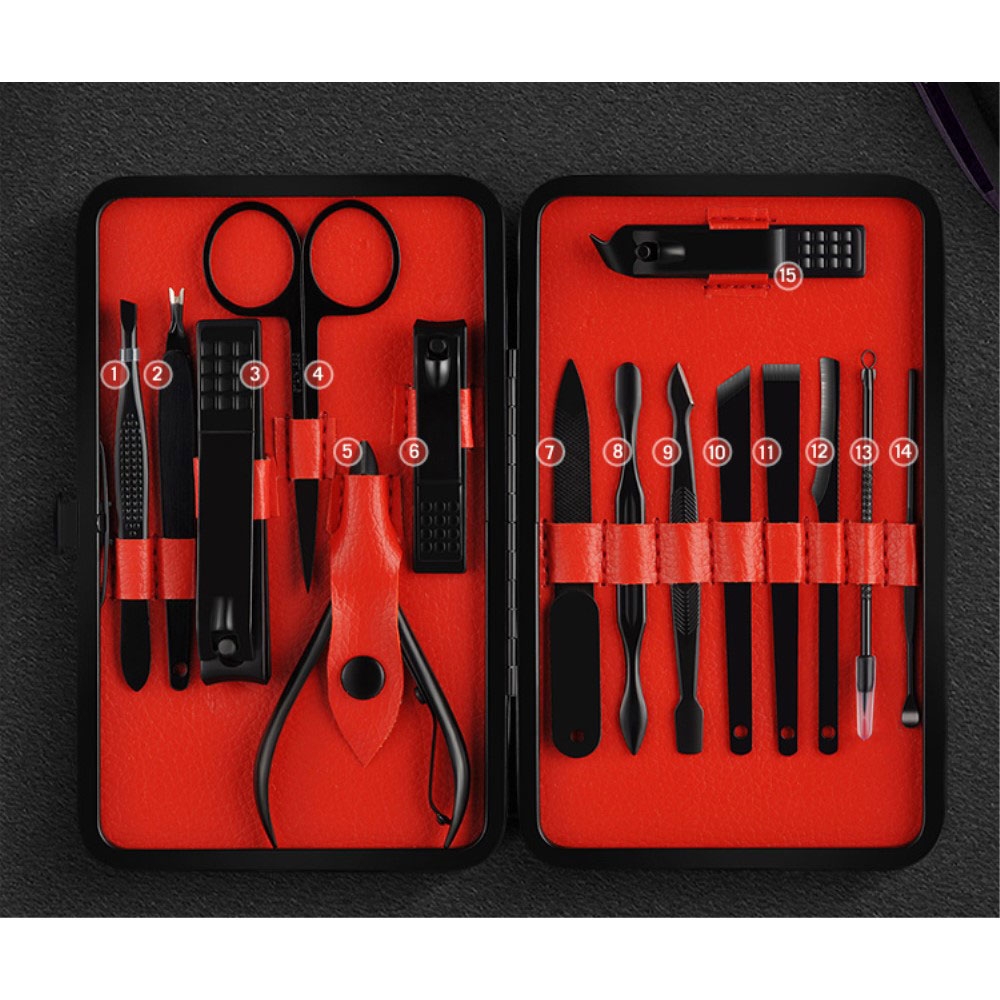 (15-tlg. Set) Edelstahl Pediküre Maniküre Kosmetik Gesichts Pflege-Set inkl. Leder Reise Etui