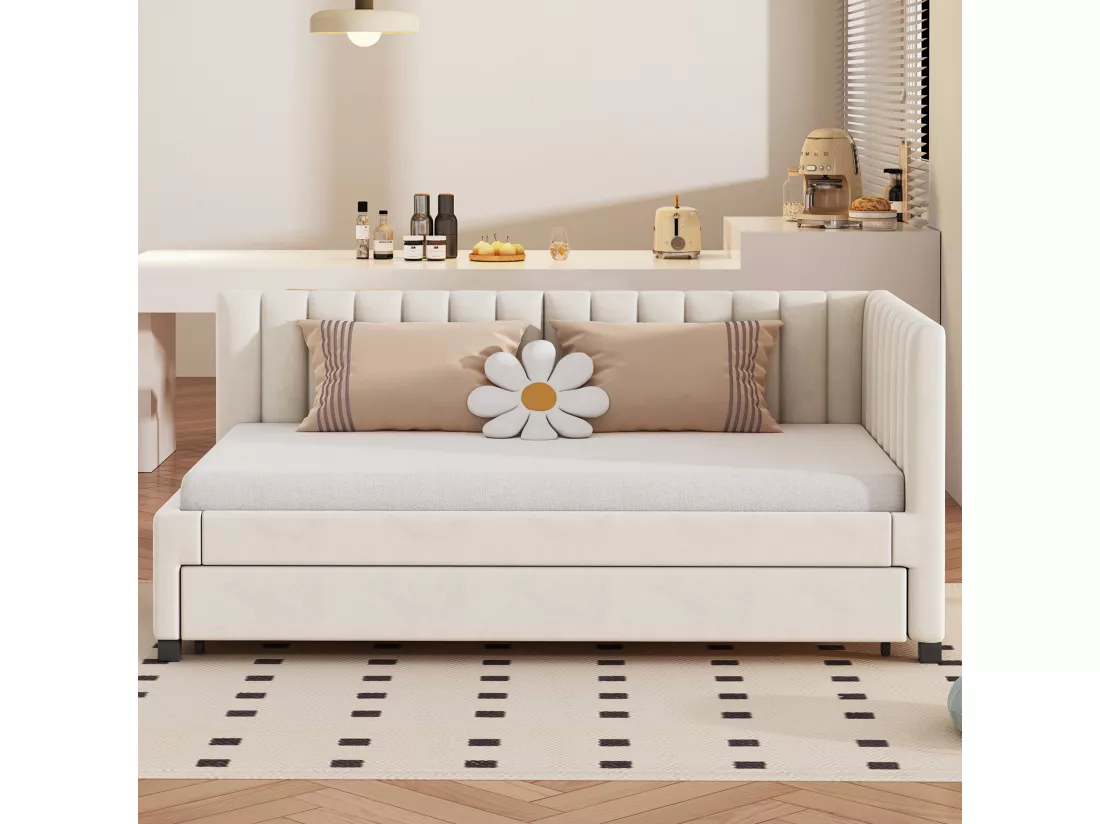 Lit simple 90x200 cm avec un lit gigogne - rembourré en velours avec sommier à lattes - Beige